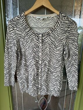 Loft Small Tan Black Cotton 3/4 Sleeve Preppy Minimalist Button Up Cardigan